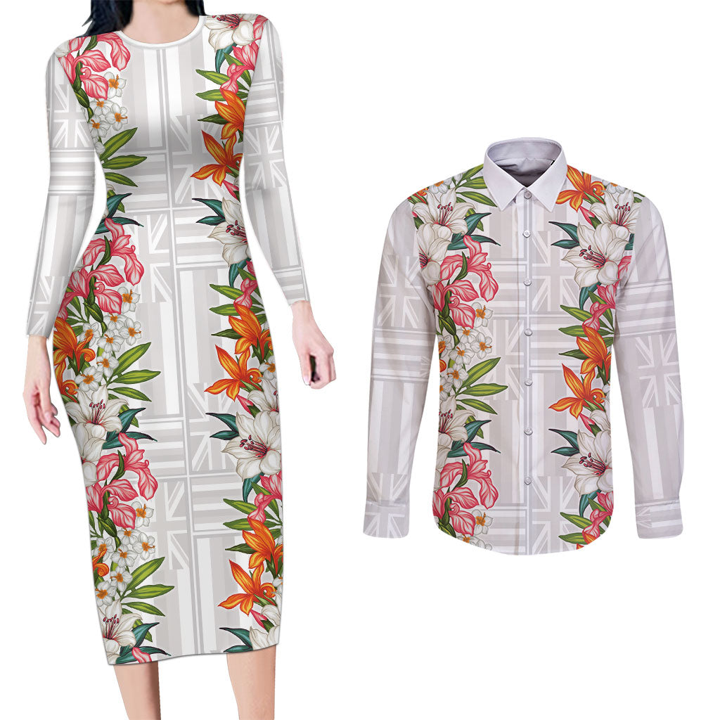 Hawaii Tropical Twist Lei Couples Matching Long Sleeve Bodycon Dress and Long Sleeve Button Shirt Hawaiian Flag Motif LT9 White - Polynesian Pride