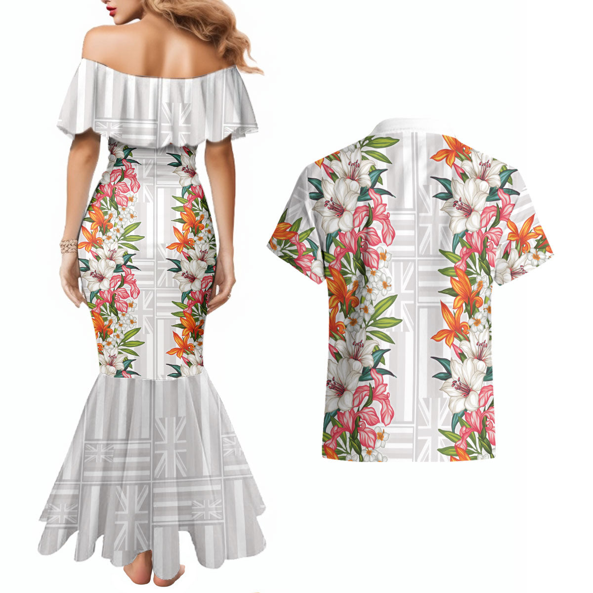 Hawaii Tropical Twist Lei Couples Matching Mermaid Dress and Hawaiian Shirt Hawaiian Flag Motif LT9 - Polynesian Pride