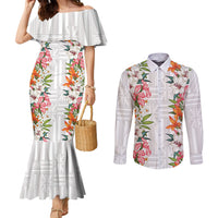 Hawaii Tropical Twist Lei Couples Matching Mermaid Dress and Long Sleeve Button Shirt Hawaiian Flag Motif LT9 White - Polynesian Pride