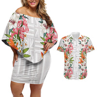 Hawaii Tropical Twist Lei Couples Matching Off Shoulder Short Dress and Hawaiian Shirt Hawaiian Flag Motif LT9 White - Polynesian Pride