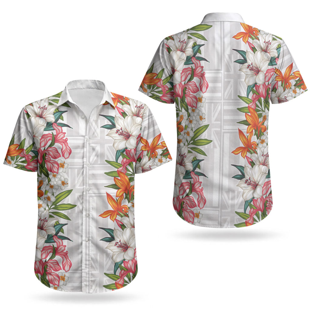 Hawaii Tropical Twist Lei Couples Matching Off Shoulder Short Dress and Hawaiian Shirt Hawaiian Flag Motif LT9 - Polynesian Pride