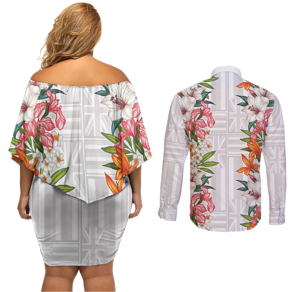 Hawaii Tropical Twist Lei Couples Matching Off Shoulder Short Dress and Long Sleeve Button Shirt Hawaiian Flag Motif LT9 - Polynesian Pride