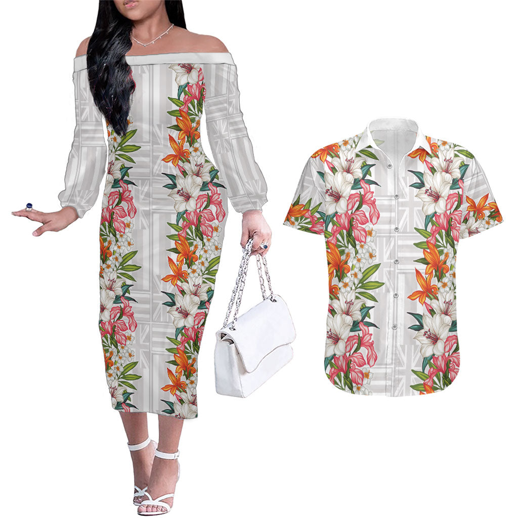 Hawaii Tropical Twist Lei Couples Matching Off The Shoulder Long Sleeve Dress and Hawaiian Shirt Hawaiian Flag Motif LT9 White - Polynesian Pride