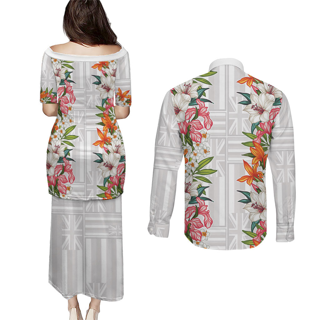 Hawaii Tropical Twist Lei Couples Matching Puletasi and Long Sleeve Button Shirt Hawaiian Flag Motif LT9 - Polynesian Pride