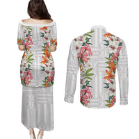 Hawaii Tropical Twist Lei Couples Matching Puletasi and Long Sleeve Button Shirt Hawaiian Flag Motif LT9 - Polynesian Pride