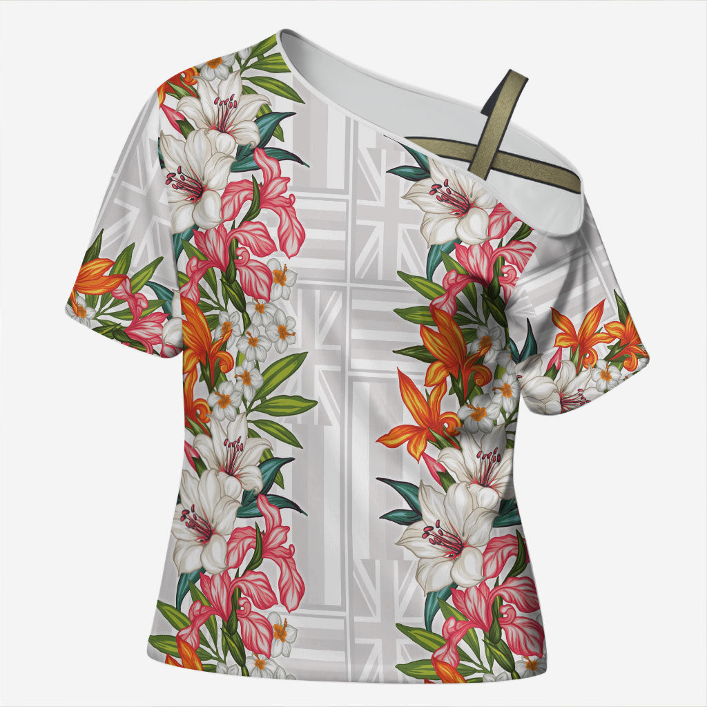 Hawaii Tropical Twist Lei Cross Shoulder Shirt Hawaiian Flag Motif LT9 Female White - Polynesian Pride