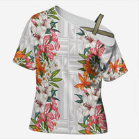 Hawaii Tropical Twist Lei Cross Shoulder Shirt Hawaiian Flag Motif LT9 Female White - Polynesian Pride