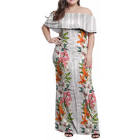 Hawaii Tropical Twist Lei Family Matching Off Shoulder Maxi Dress and Hawaiian Shirt Hawaiian Flag Motif LT9 Mom's Dress White - Polynesian Pride