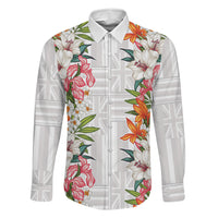 Hawaii Tropical Twist Lei Family Matching Puletasi and Hawaiian Shirt Hawaiian Flag Motif LT9 Dad's Shirt - Long Sleeve White - Polynesian Pride