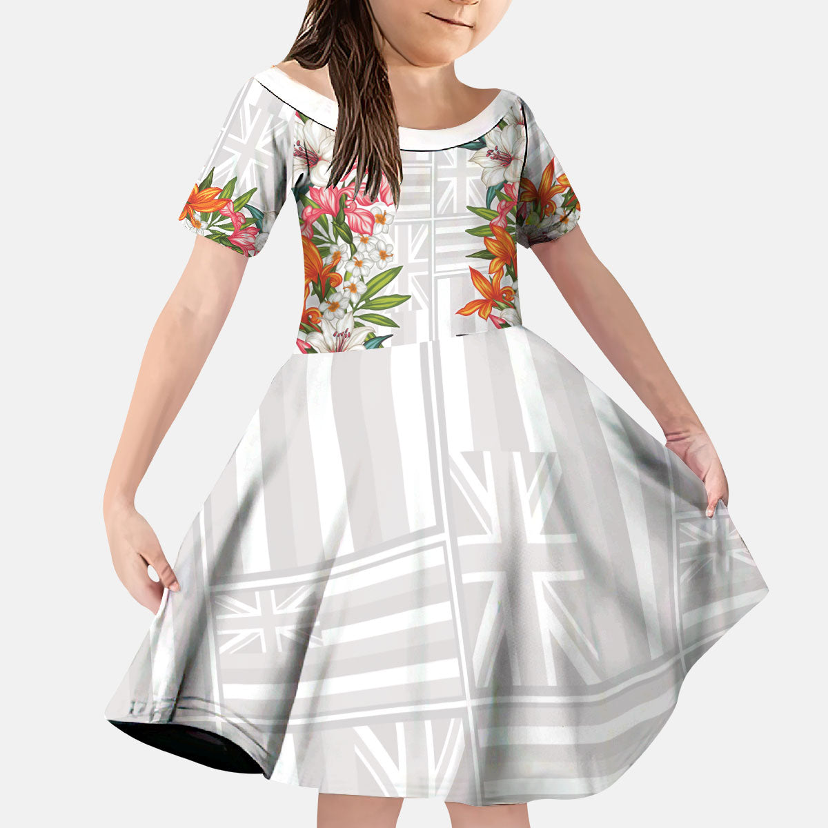 Hawaii Tropical Twist Lei Kid Short Sleeve Dress Hawaiian Flag Motif