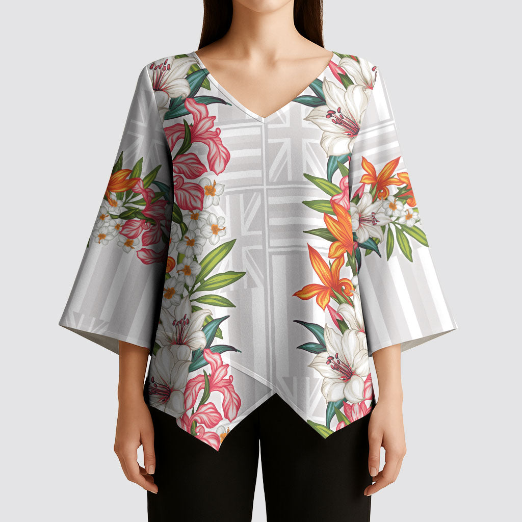 Hawaii Tropical Twist Lei Kimono Sleeve Blouse Hawaiian Flag Motif