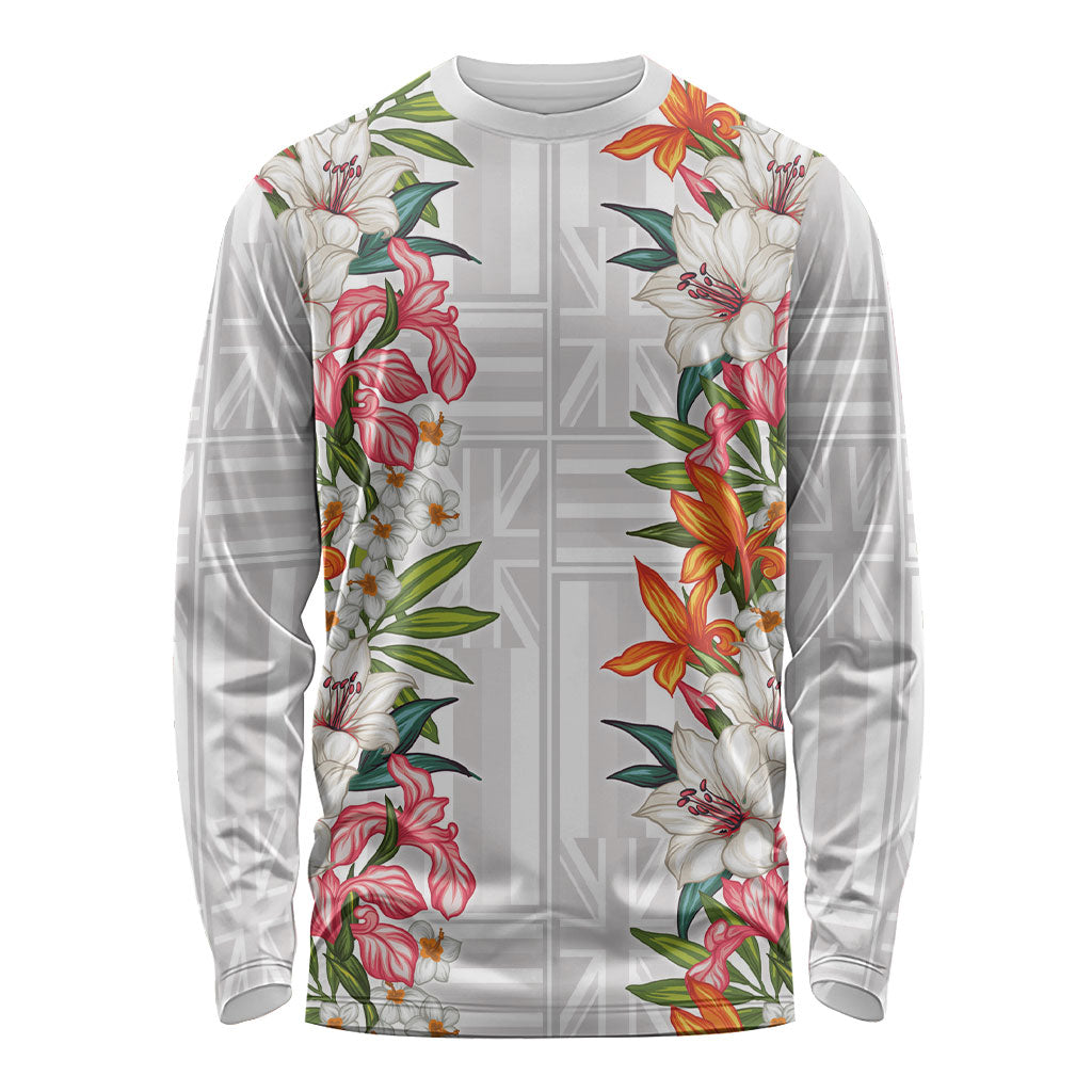 Hawaii Tropical Twist Lei Long Sleeve Shirt Hawaiian Flag Motif LT9 Unisex White - Polynesian Pride