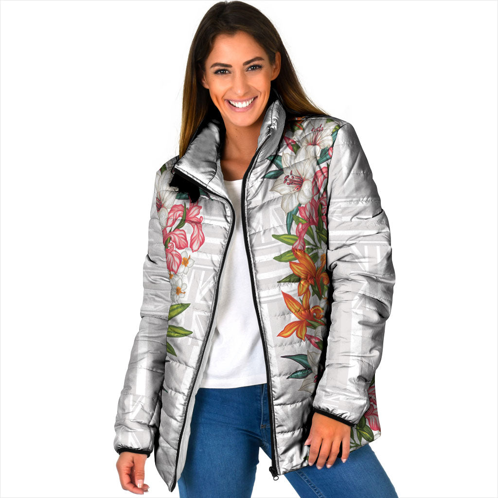 Hawaii Tropical Twist Lei Padded Jacket Hawaiian Flag Motif LT9 Women White - Polynesian Pride