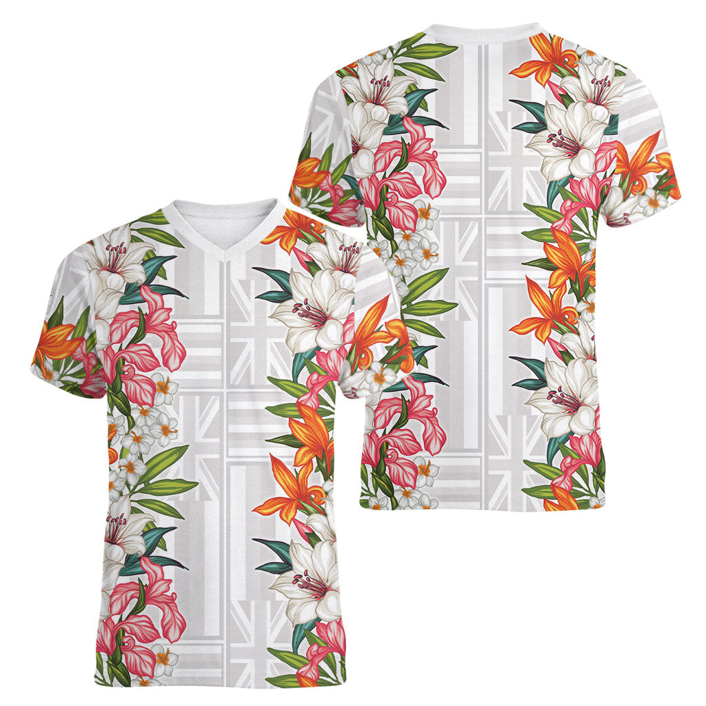 Hawaii Tropical Twist Lei Women V-Neck T-Shirt Hawaiian Flag Motif LT9 - Polynesian Pride
