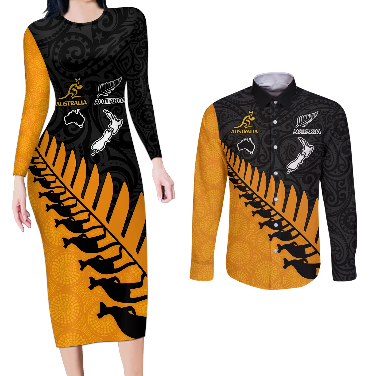 Australia Wallabies and Aotearoa Rugby Couples Matching Long Sleeve Bodycon Dress and Long Sleeve Button Shirts Kangaroo Black Fern Maori Gold Vibe LT9 Gold - Polynesian Pride