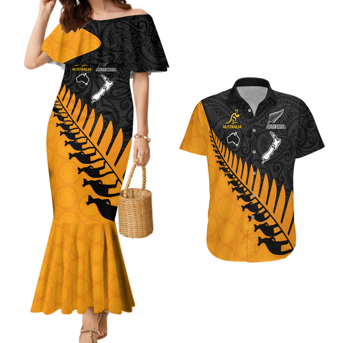 Australia Wallabies and Aotearoa Rugby Couples Matching Mermaid Dress And Hawaiian Shirt Kangaroo Black Fern Maori Gold Vibe LT9 Gold - Polynesian Pride