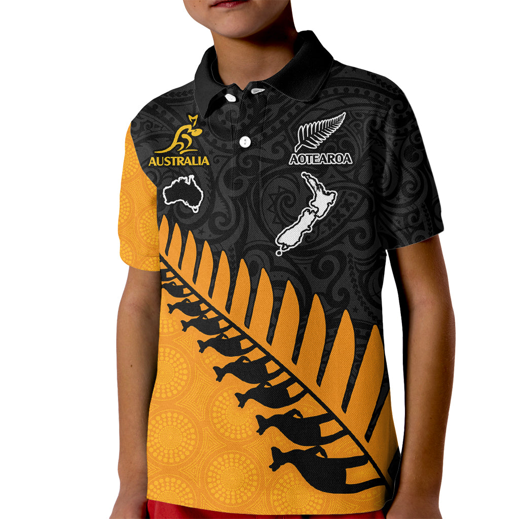 Australia Wallabies and Aotearoa Rugby Kid Polo Shirt Kangaroo Black Fern Maori Gold Vibe LT9 Kid Gold - Polynesian Pride