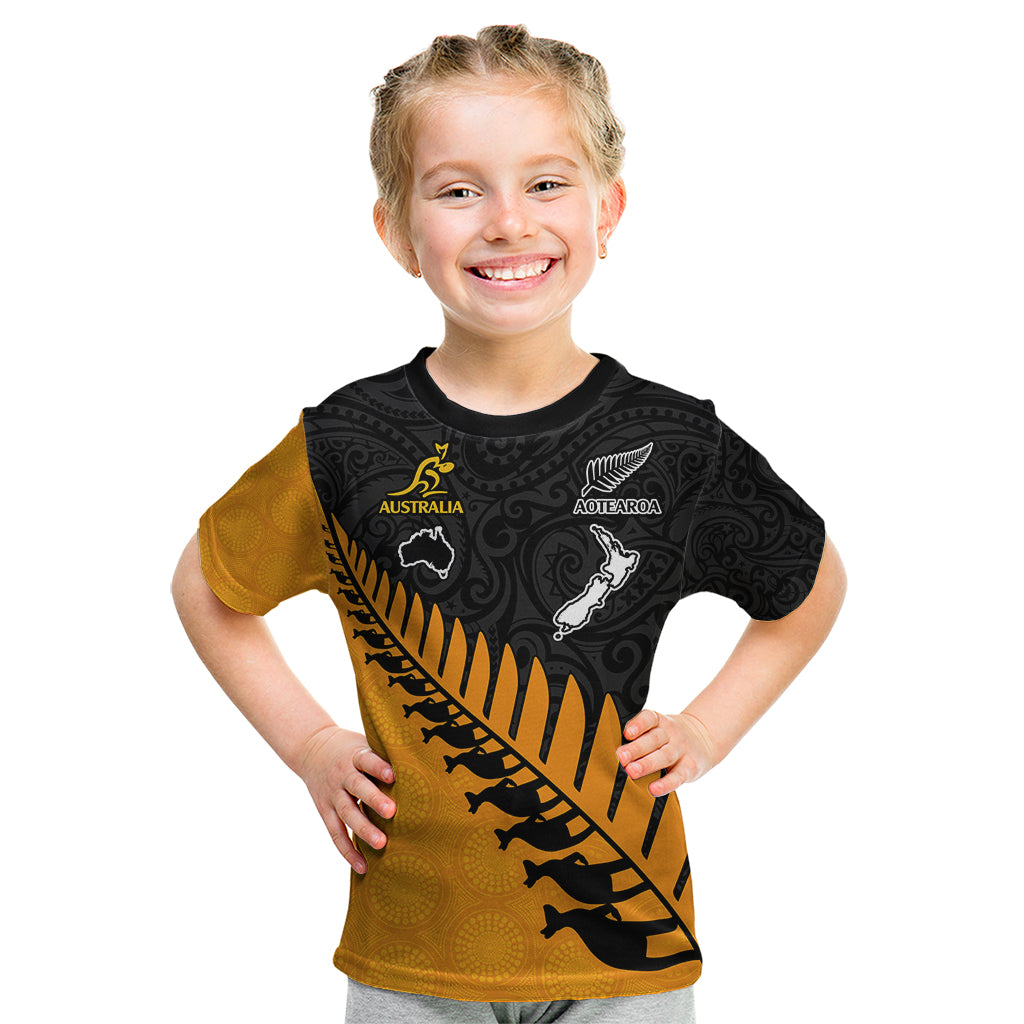 Australia Wallabies and Aotearoa Rugby Kid T Shirt Kangaroo Black Fern Maori Gold Vibe LT9 Gold - Polynesian Pride