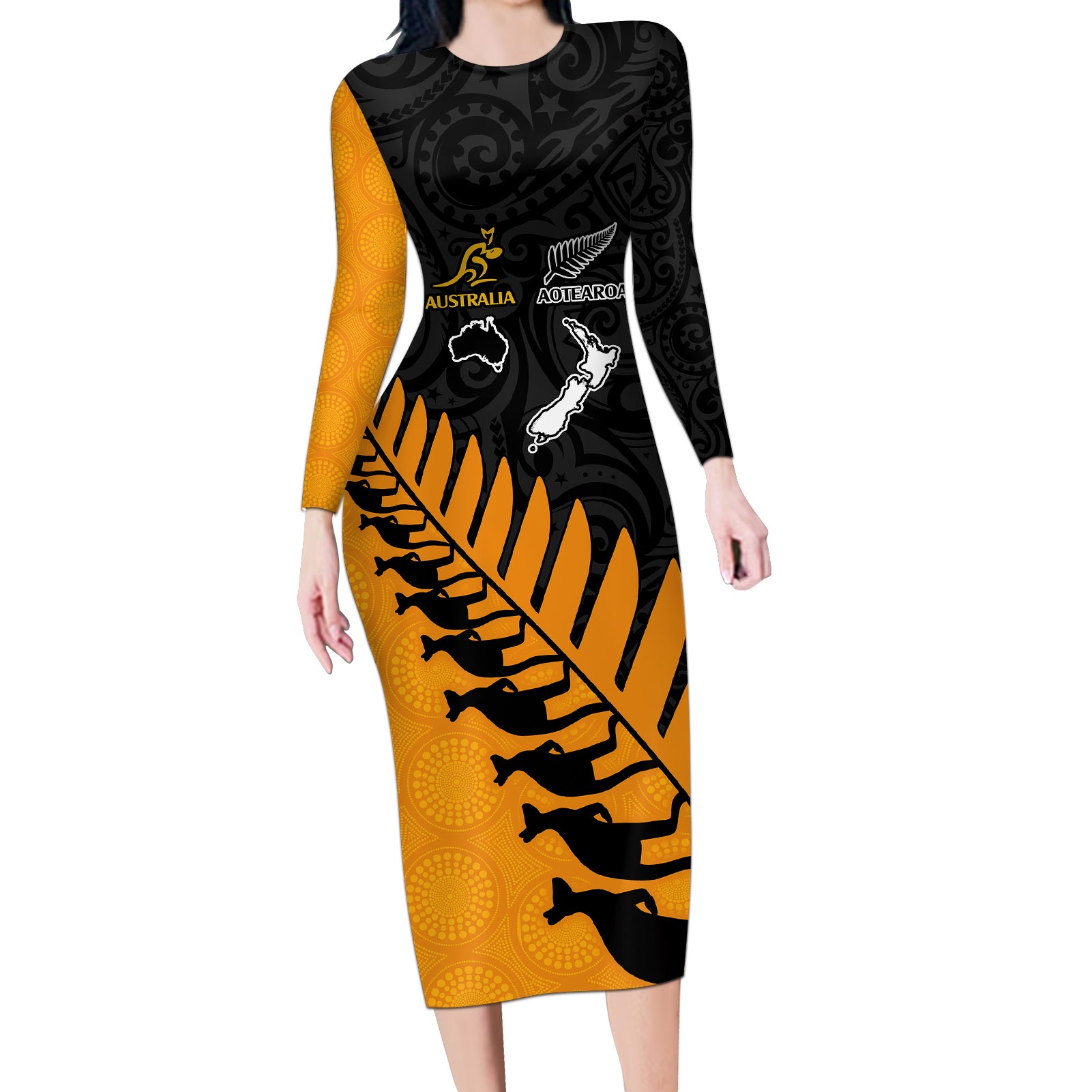 Australia Wallabies and Aotearoa Rugby Long Sleeve Bodycon Dress Kangaroo Black Fern Maori Gold Vibe LT9 Long Dress Gold - Polynesian Pride