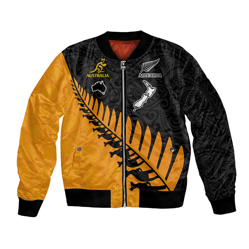 Australia Wallabies and Aotearoa Rugby Sleeve Zip Bomber Jacket Kangaroo Black Fern Maori Gold Vibe LT9 Unisex Gold - Polynesian Pride