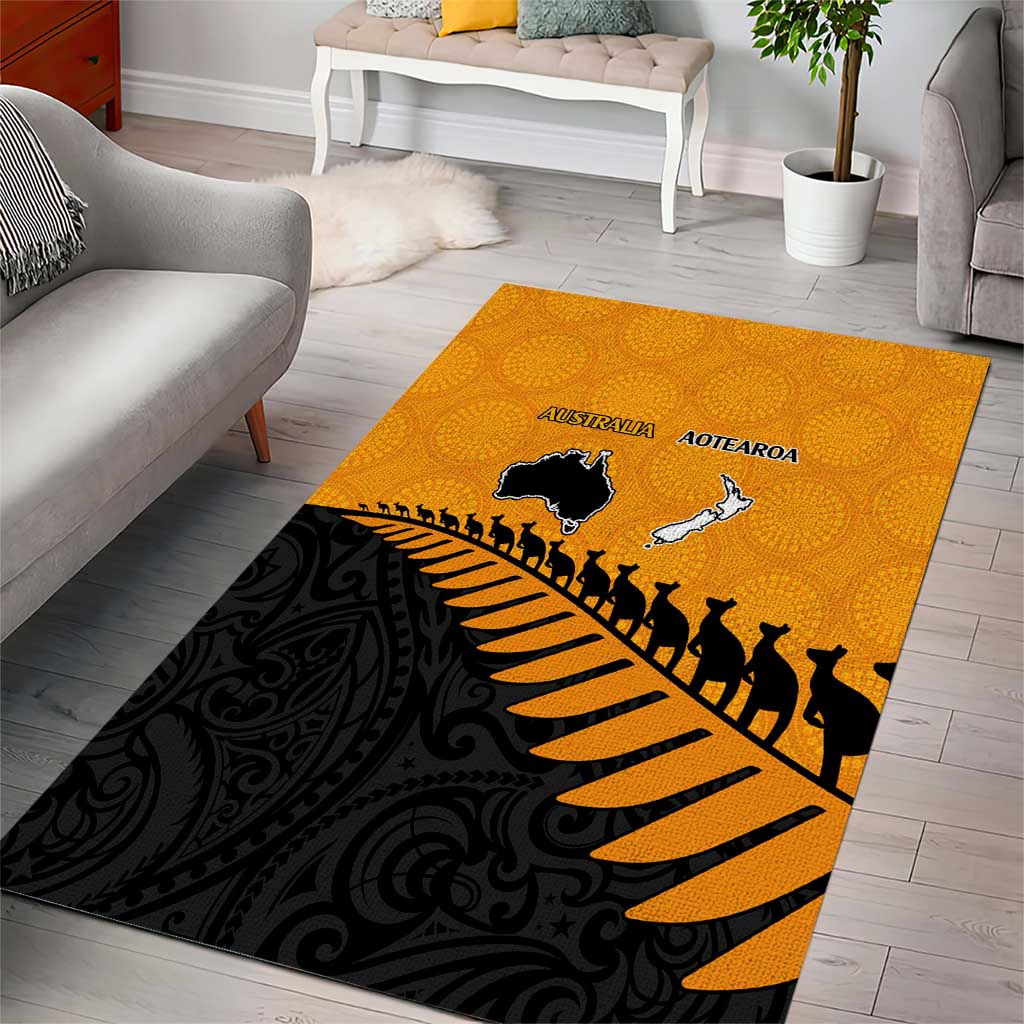 Australia New Zealand Rugby Area Rug Gold Aboriginal Wallabies and Maori Black Fern LT9 - Polynesian Pride