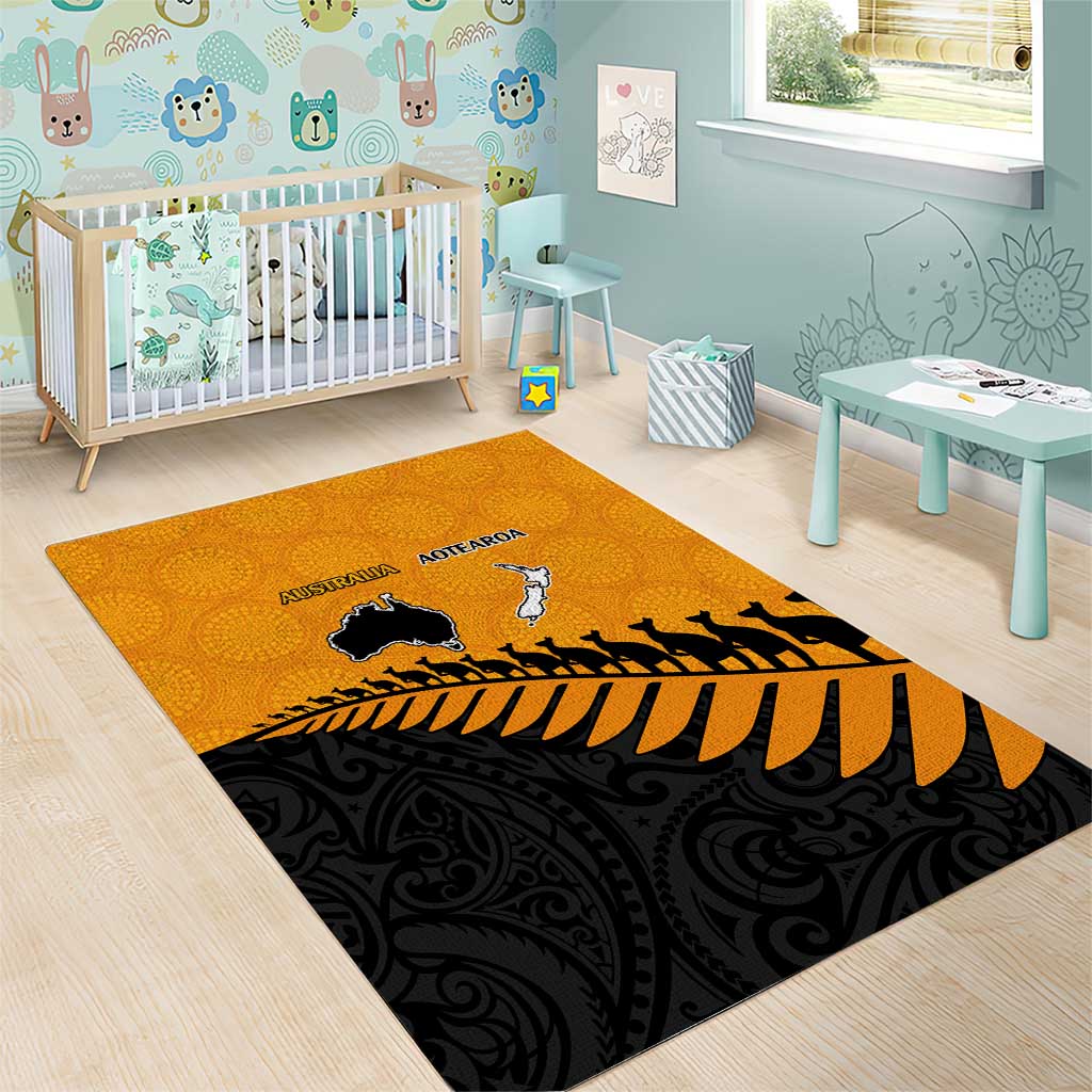 Australia New Zealand Rugby Area Rug Gold Aboriginal Wallabies and Maori Black Fern LT9 - Polynesian Pride