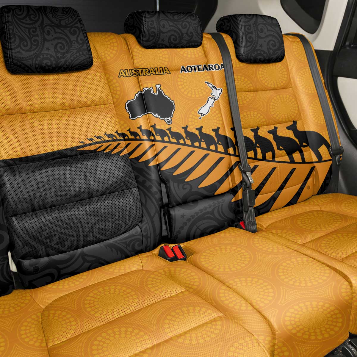 Australia New Zealand Rugby Back Car Seat Cover Gold Aboriginal Wallabies and Maori Black Fern - Polynesian Pride