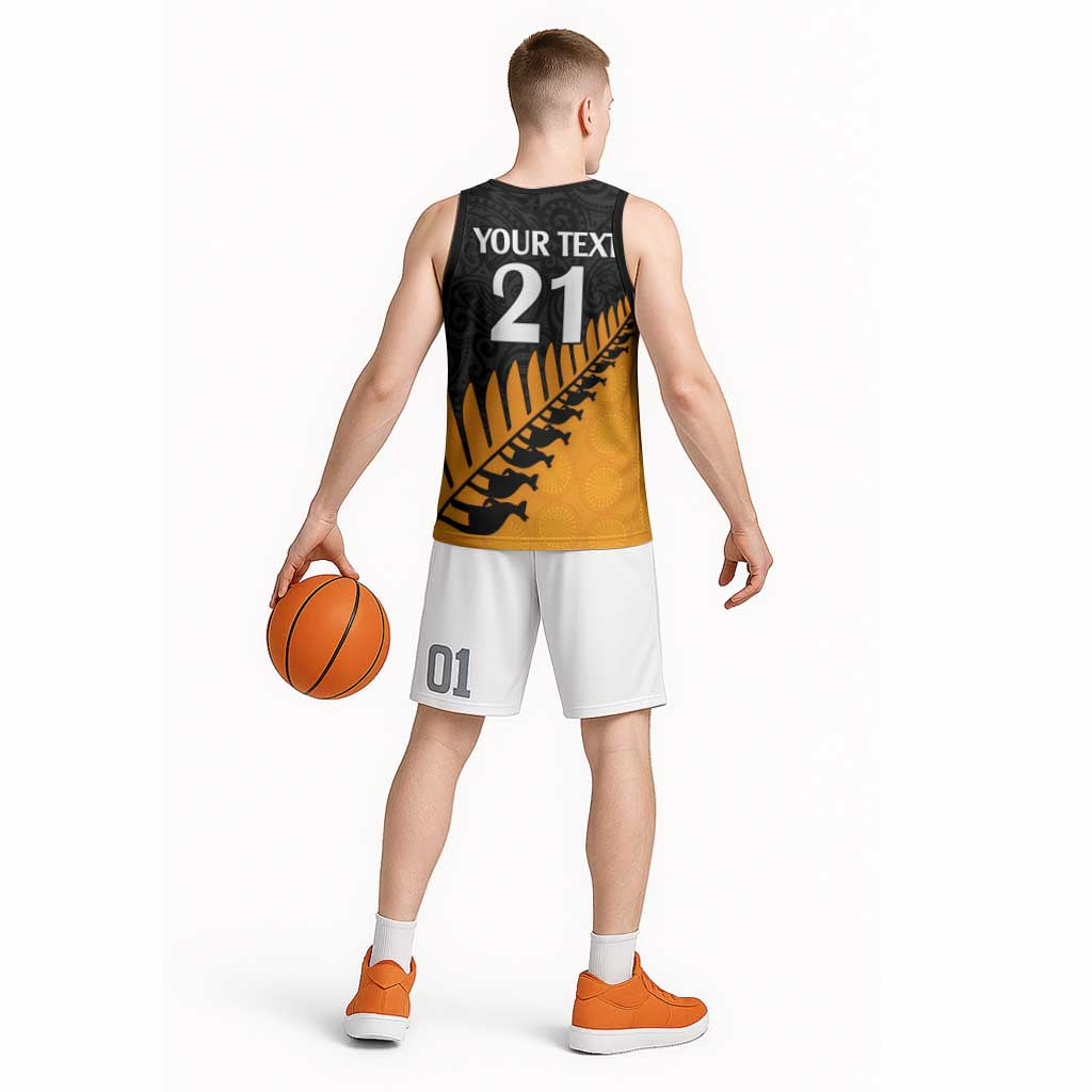 Australia New Zealand Rugby Basketball Jersey Gold Aboriginal Wallabies and Maori Black Fern - Polynesian Pride