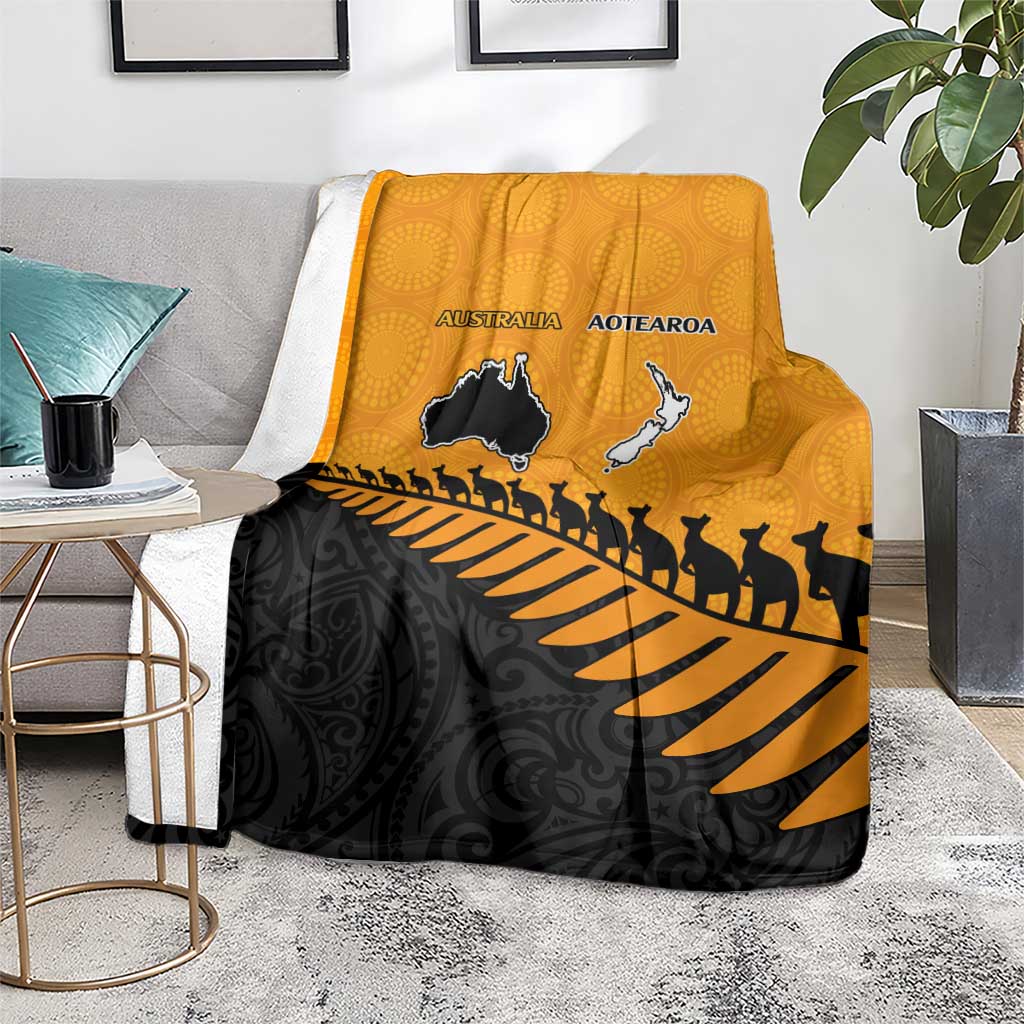 Australia New Zealand Rugby Blanket Gold Aboriginal Wallabies and Maori Black Fern - Polynesian Pride
