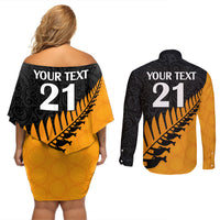 Custom Australia Wallabies and Aotearoa Rugby Couples Matching Off Shoulder Short Dress and Long Sleeve Button Shirts Kangaroo Black Fern Maori Gold Vibe LT9 - Polynesian Pride
