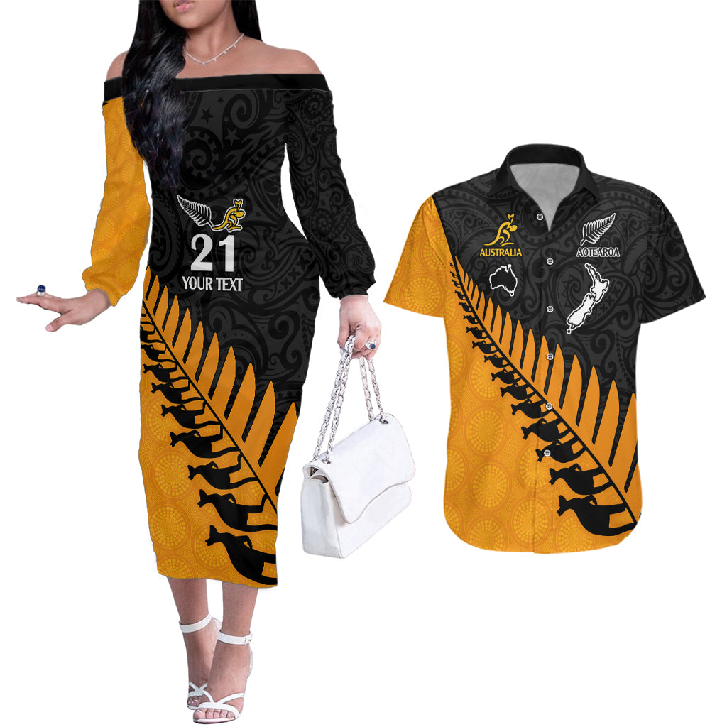 Custom Australia Wallabies and Aotearoa Rugby Couples Matching Off The Shoulder Long Sleeve Dress and Hawaiian Shirt Kangaroo Black Fern Maori Gold Vibe LT9 Gold - Polynesian Pride