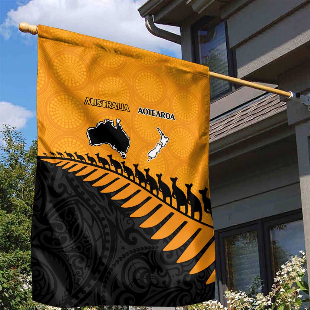 Australia New Zealand Rugby Garden Flag Gold Aboriginal Wallabies and Maori Black Fern - Polynesian Pride
