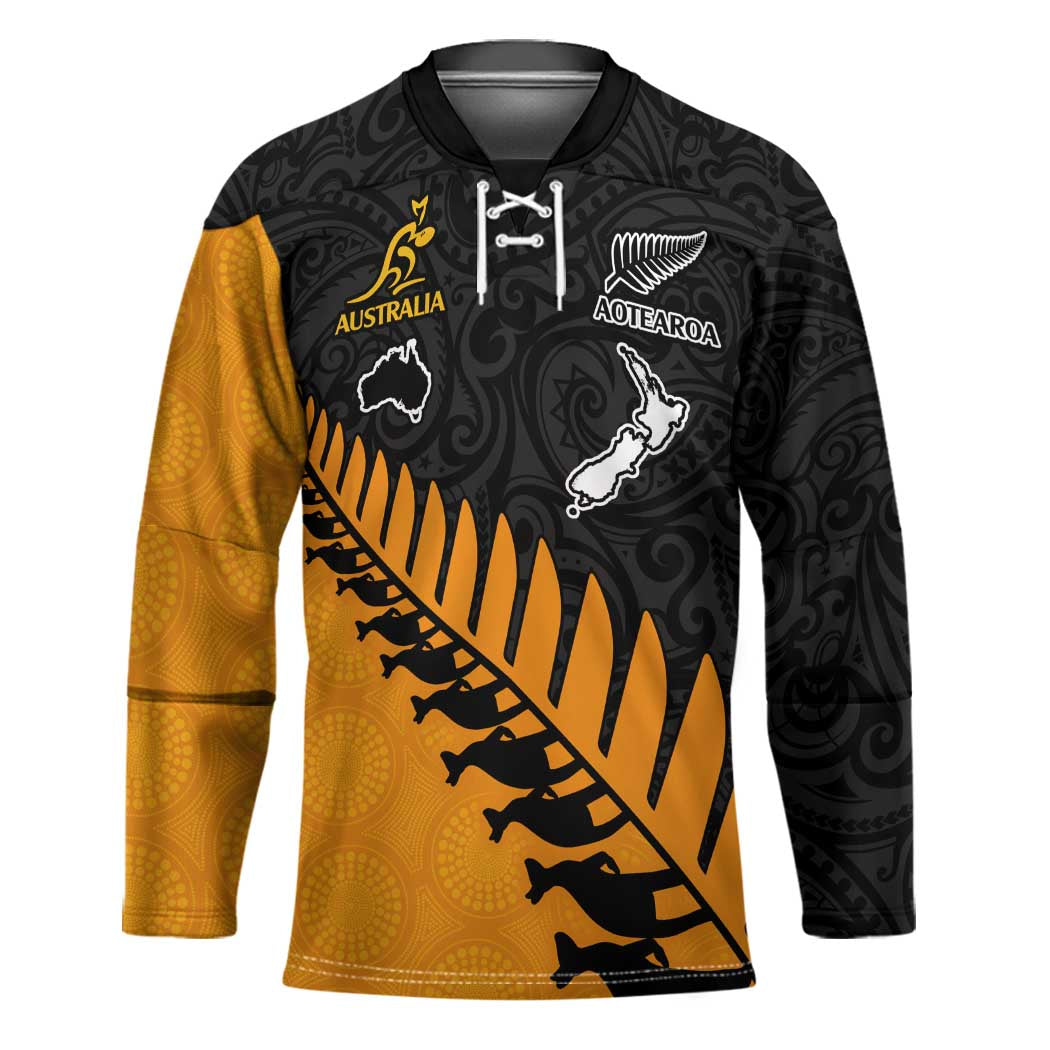 Australia New Zealand Rugby Hockey Jersey Gold Aboriginal Wallabies and Maori Black Fern - Polynesian Pride