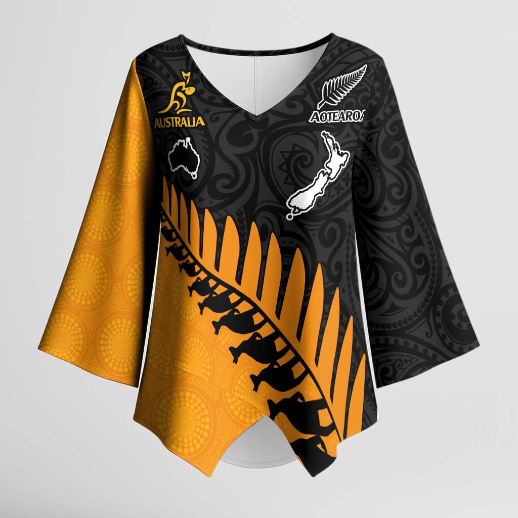 Australia New Zealand Rugby Kimono Sleeve Blouse Gold Aboriginal Wallabies and Maori Black Fern - Polynesian Pride