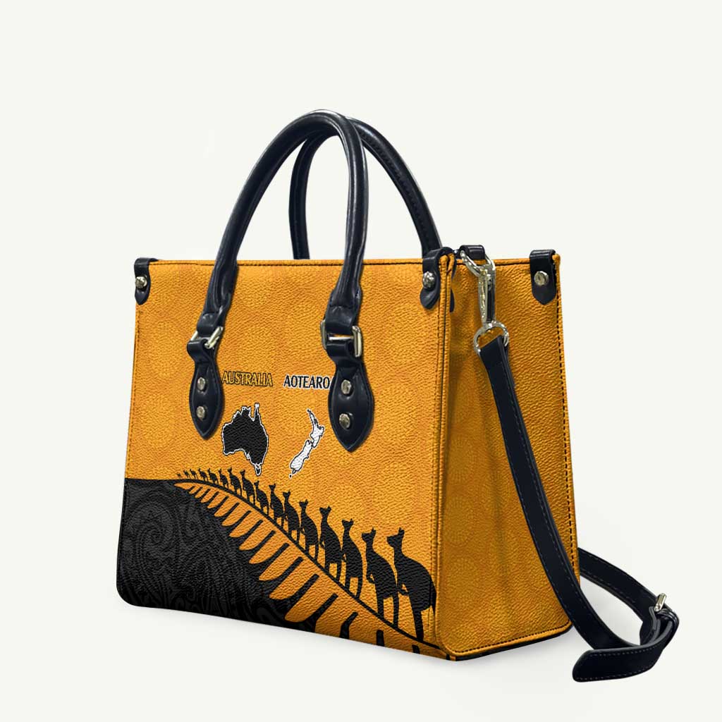 Australia New Zealand Rugby Leather Bag Gold Aboriginal Wallabies and Maori Black Fern - Polynesian Pride