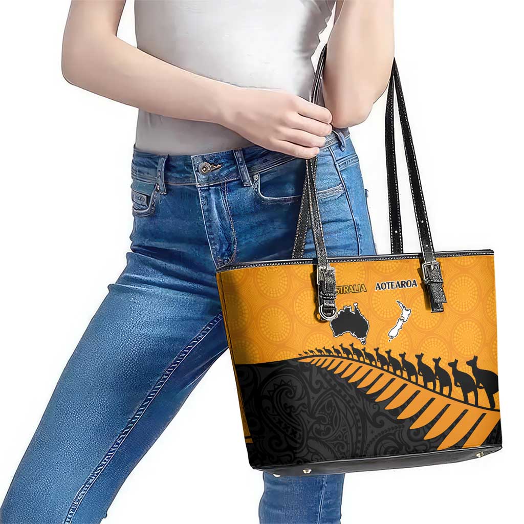 Australia New Zealand Rugby Leather Tote Bag Gold Aboriginal Wallabies and Maori Black Fern - Polynesian Pride