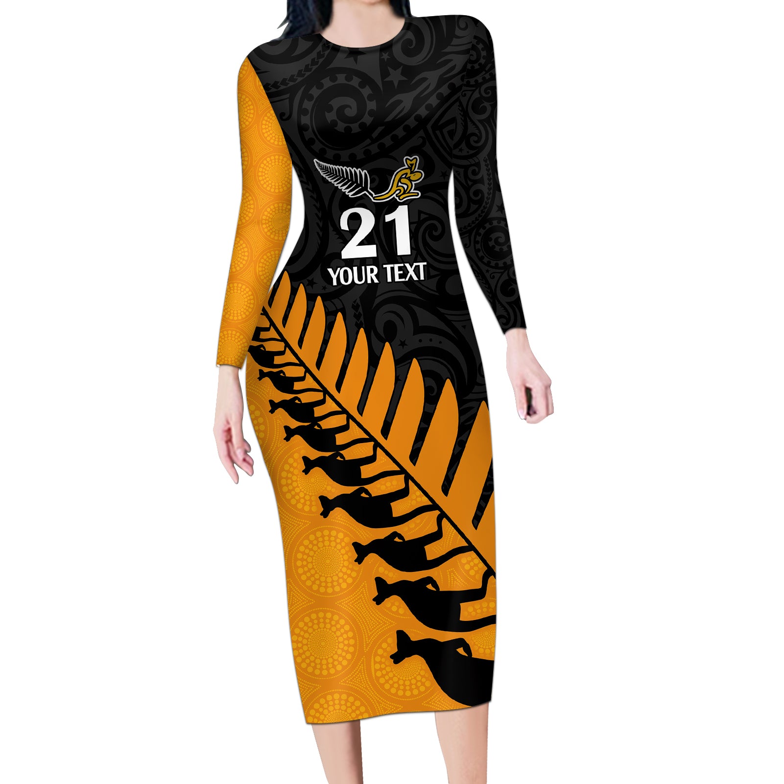 Custom Australia Wallabies and Aotearoa Rugby Long Sleeve Bodycon Dress Kangaroo Black Fern Maori Gold Vibe LT9 Long Dress Gold - Polynesian Pride