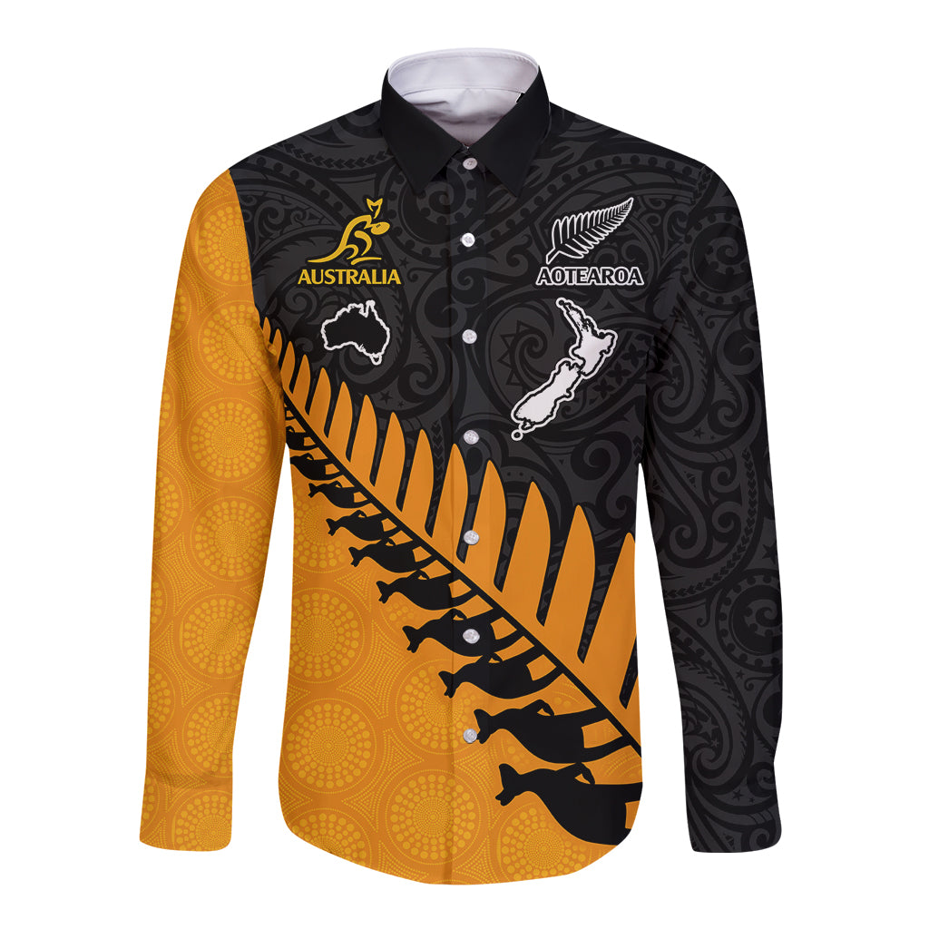 Custom Australia Wallabies and Aotearoa Rugby Long Sleeve Button Shirt Kangaroo Black Fern Maori Gold Vibe LT9 Unisex Gold - Polynesian Pride