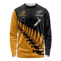 Custom Australia Wallabies and Aotearoa Rugby Long Sleeve Shirt Kangaroo Black Fern Maori Gold Vibe LT9