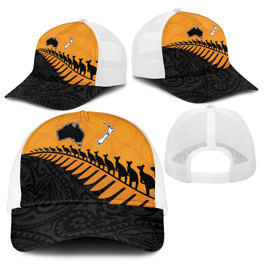 Australia New Zealand Rugby Mesh Trucker Cap Gold Aboriginal Wallabies and Maori Black Fern - Polynesian Pride