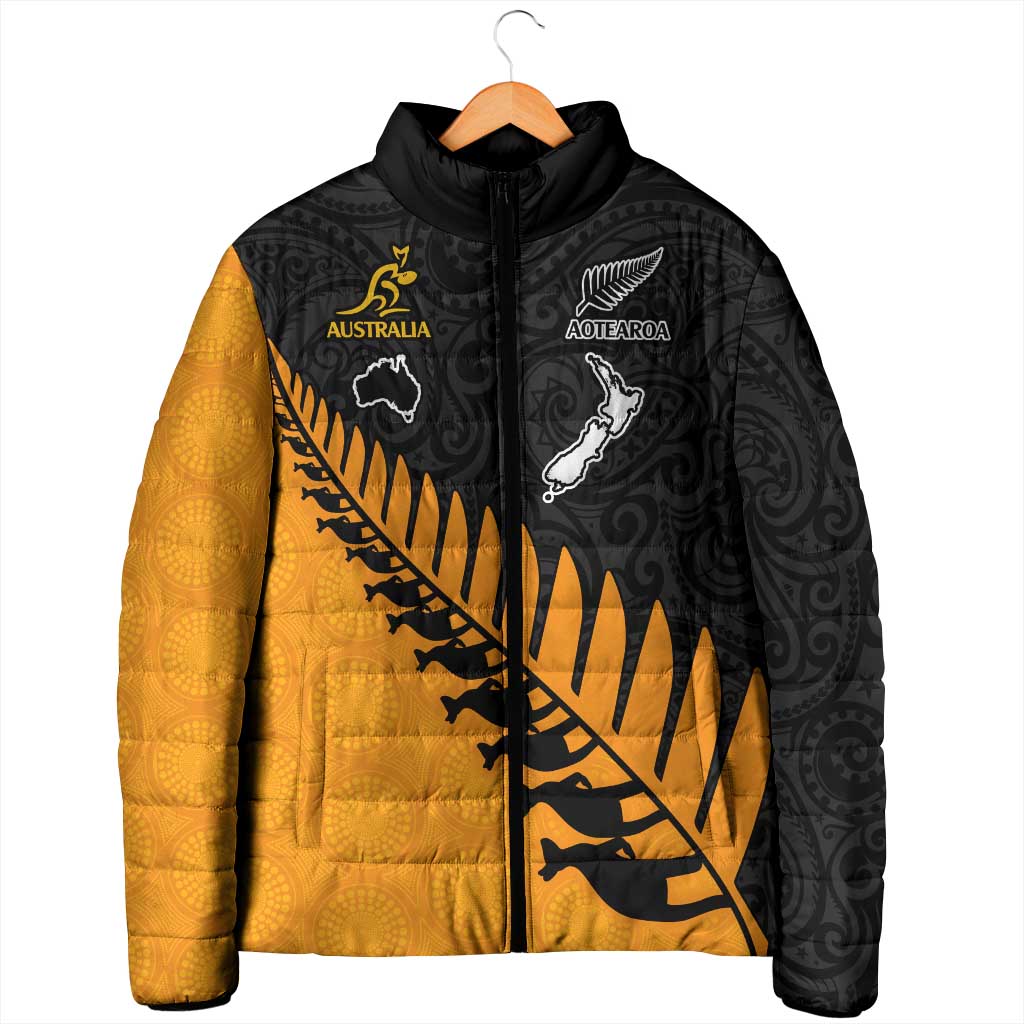 Australia New Zealand Rugby Padded Jacket Gold Aboriginal Wallabies and Maori Black Fern - Polynesian Pride