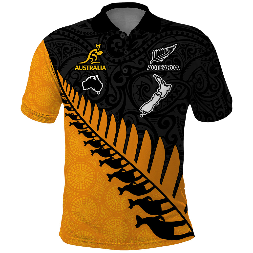 Custom Australia Wallabies and Aotearoa Rugby Polo Shirt Kangaroo Black Fern Maori Gold Vibe LT9 Gold - Polynesian Pride