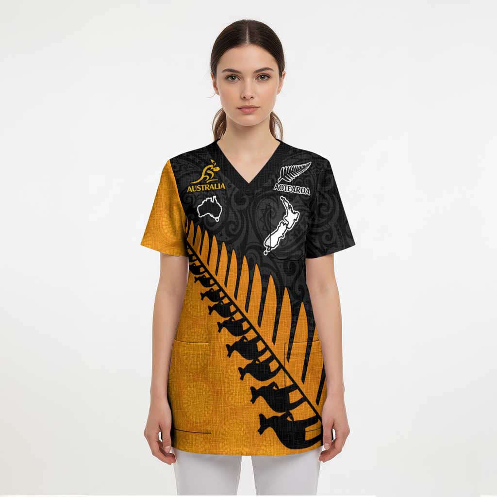 Australia New Zealand Rugby Scrub Top Gold Aboriginal Wallabies and Maori Black Fern - Polynesian Pride