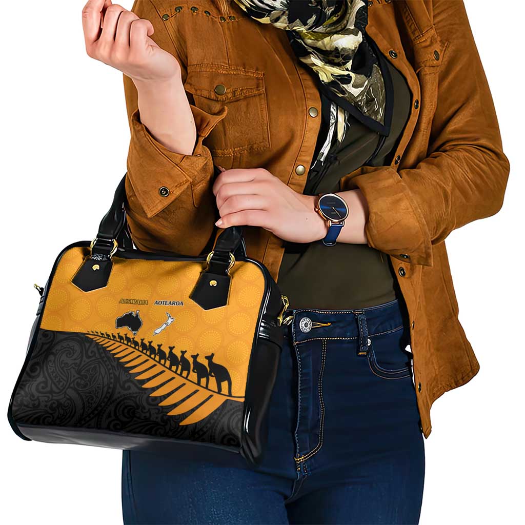 Australia New Zealand Rugby Shoulder Handbag Gold Aboriginal Wallabies and Maori Black Fern - Polynesian Pride