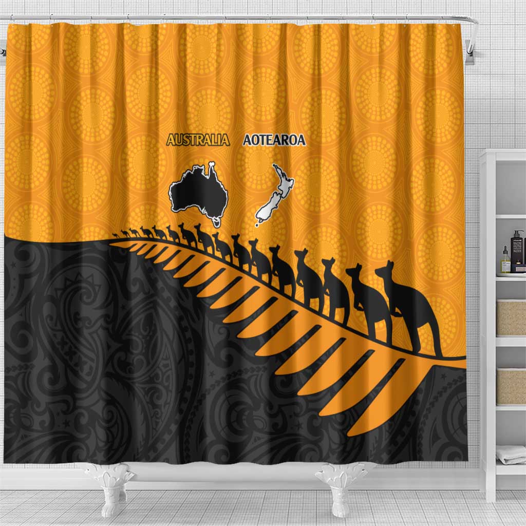 Australia New Zealand Rugby Shower Curtain Gold Aboriginal Wallabies and Maori Black Fern - Polynesian Pride
