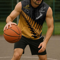 Australia New Zealand Rugby Sleeveless Hoodie Gold Aboriginal Wallabies and Maori Black Fern - Polynesian Pride