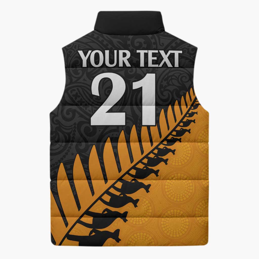 Australia New Zealand Rugby Sleeveless Puffer Jacket Gold Aboriginal Wallabies and Maori Black Fern - Polynesian Pride