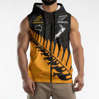 Australia New Zealand Rugby Sleeveless Zip Hoodie Gold Aboriginal Wallabies and Maori Black Fern LT9