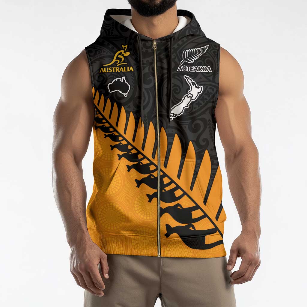 Australia New Zealand Rugby Sleeveless Zip Hoodie Gold Aboriginal Wallabies and Maori Black Fern - Polynesian Pride