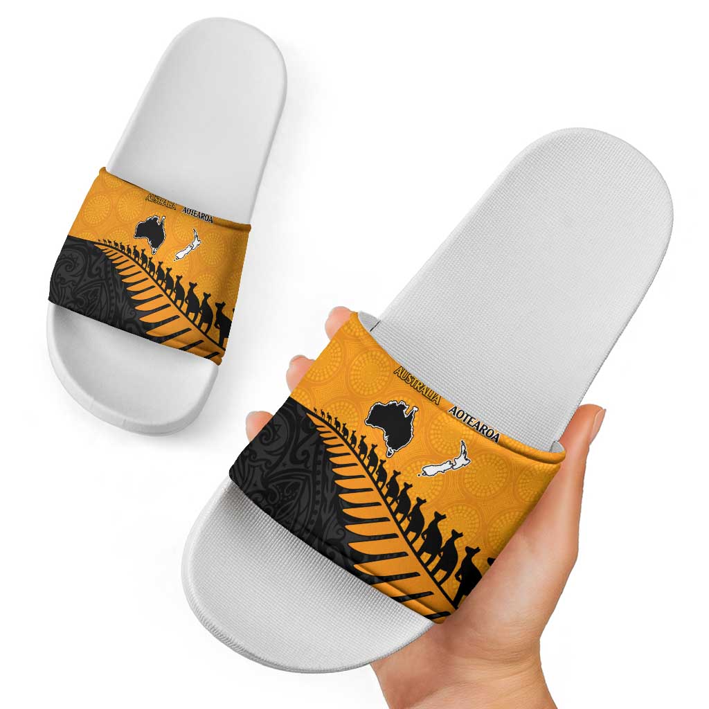 Australia New Zealand Rugby Slide Sandals Gold Aboriginal Wallabies and Maori Black Fern LT9 - Polynesian Pride